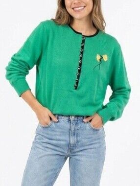 Vintage Lucia Green Sweater with Flower Embroidery And Half Button Front